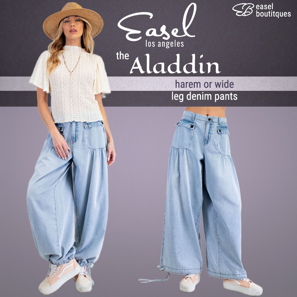 EASEL “Aladdin” Relaxed Fit Soft Washed Denim Wide Leg Pant Self-Cinch For Harem